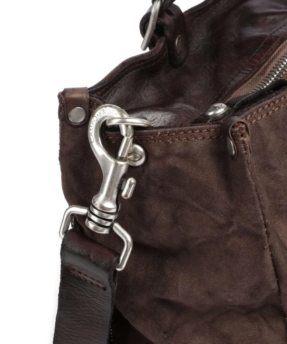 Shopper Baumwolle, genarbtes Rindsleder dunkelbraun