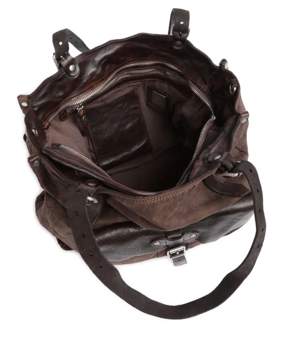 Shopper Baumwolle, genarbtes Rindsleder dunkelbraun