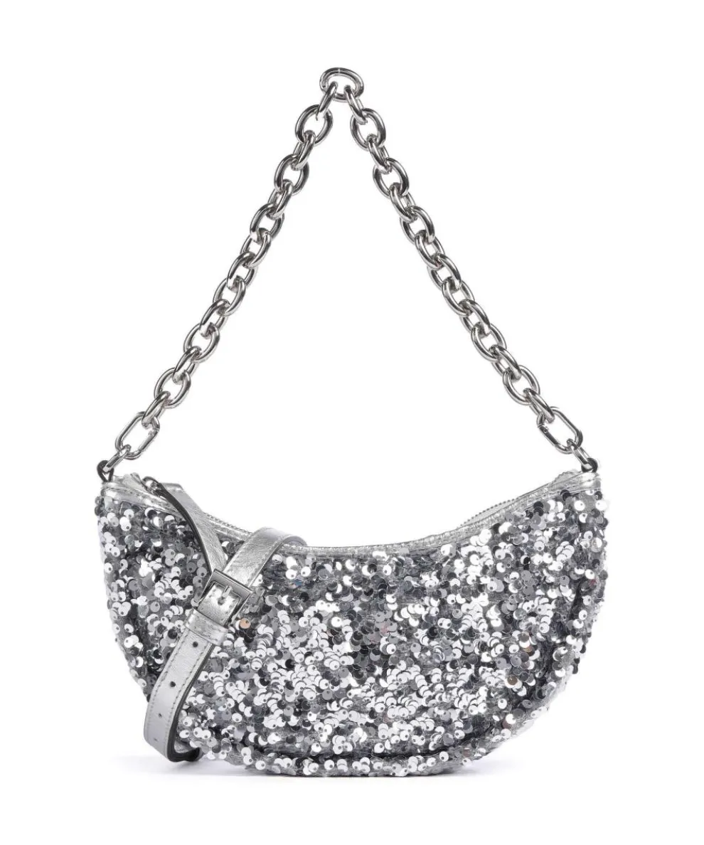 Sequins Moon Schultertasche fein genarbtes Rindsleder, Textil silber