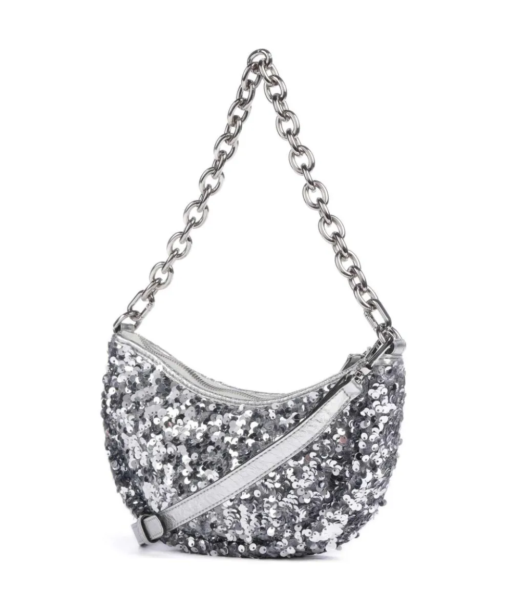 Sequins Moon Schultertasche fein genarbtes Rindsleder, Textil silber