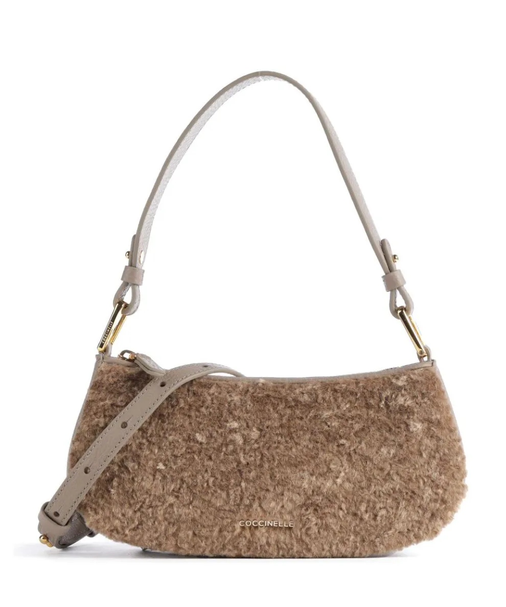 Merveille Astrakan Schultertasche genarbtes Rindsleder, Kunstfell taupe