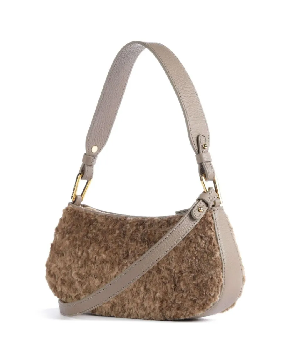 Merveille Astrakan Schultertasche genarbtes Rindsleder, Kunstfell taupe