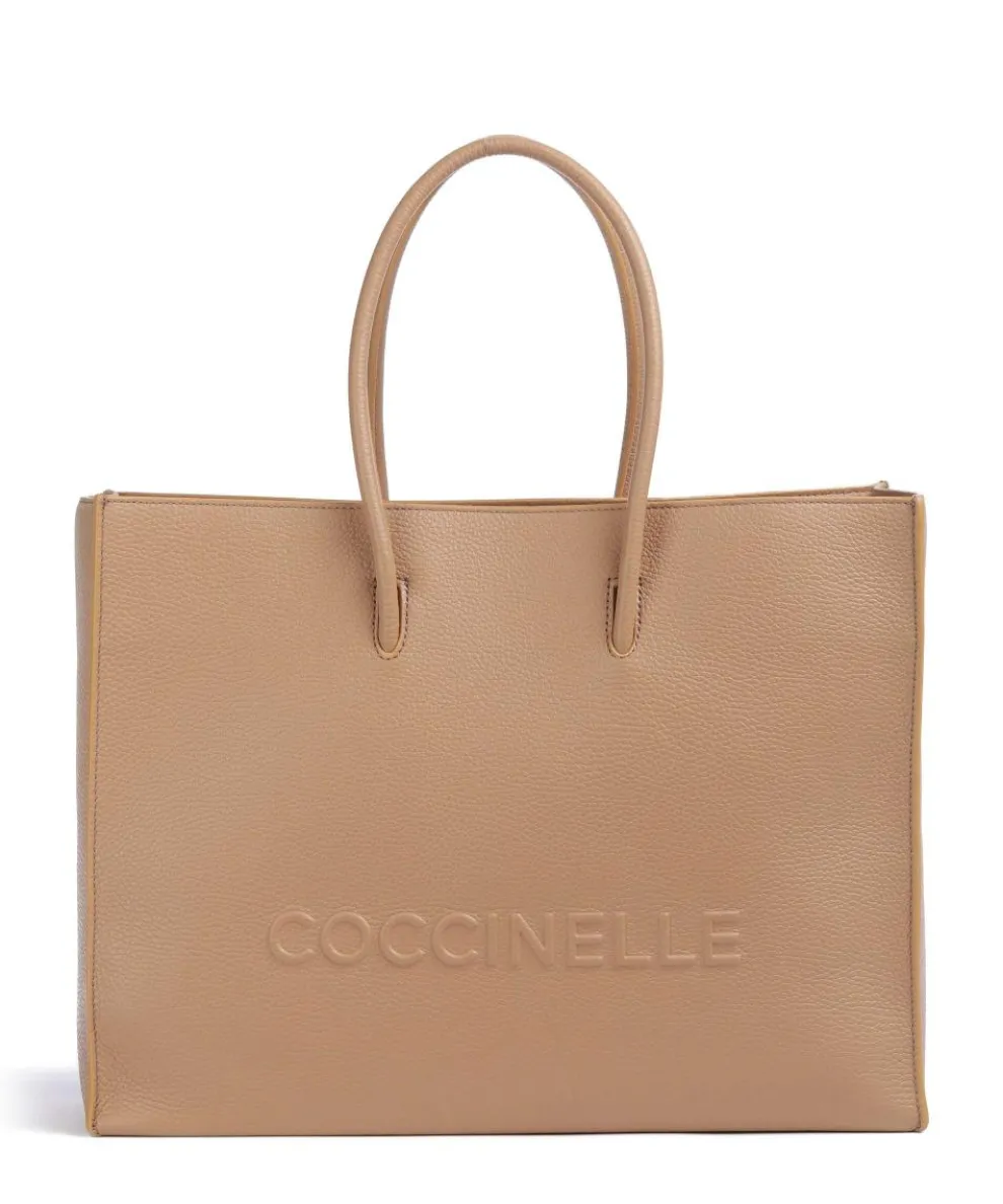 Myrtha Maxi Logo Shopper genarbtes Rindsleder hellbraun