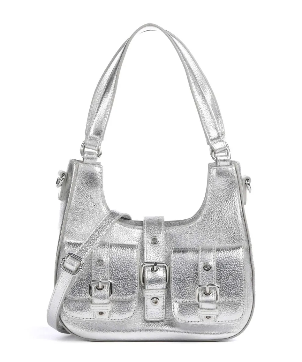 Metallic Small Alva Schultertasche genarbtes Leder silber
