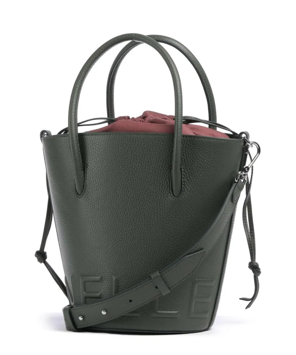 Myrtha Maxi Logo Bucket bag genarbtes Rindsleder graugrün