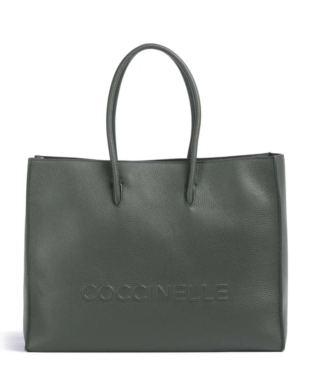 Myrtha Maxi Logo Shopper genarbtes Rindsleder graugrün