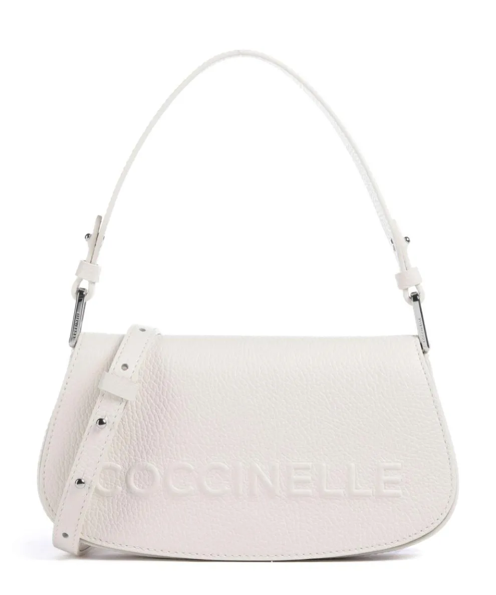 Myrtha Maxi Logo Schultertasche genarbtes Leder weiß