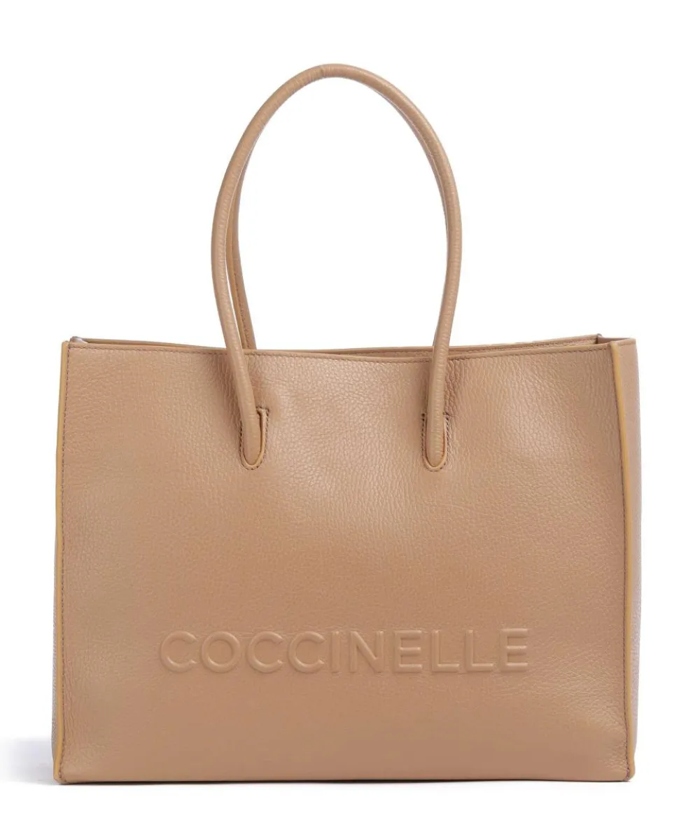 Myrtha Maxi Logo Shopper genarbtes Leder hellbraun