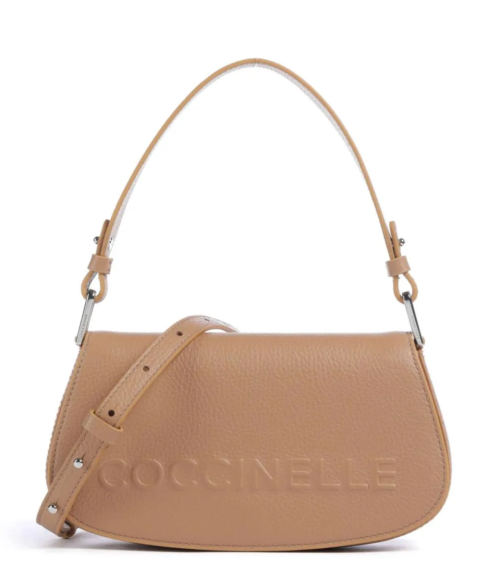 Myrtha Maxi Logo Schultertasche genarbtes Leder hellbraun