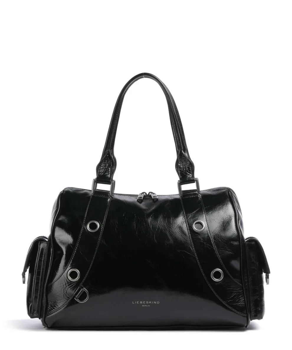 Nika Lack Distressed L Schultertasche fein genarbtes Rindsleder schwarz