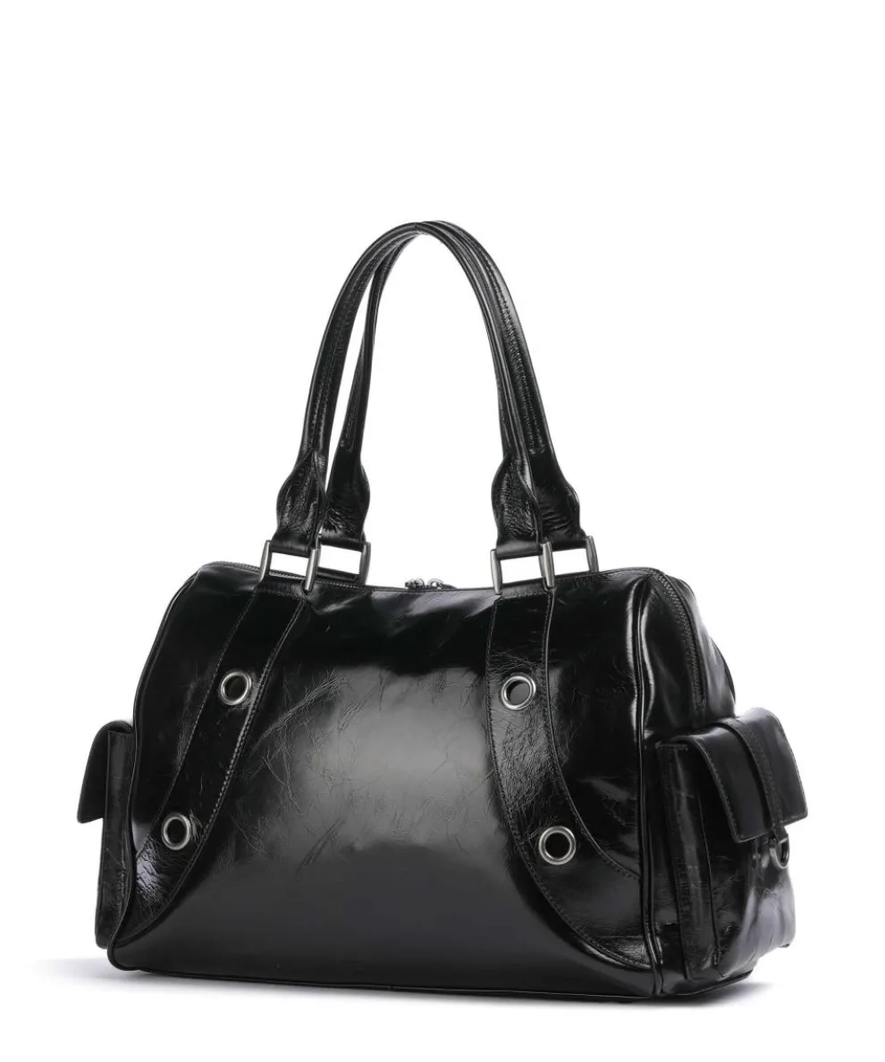 Nika Lack Distressed L Schultertasche fein genarbtes Rindsleder schwarz