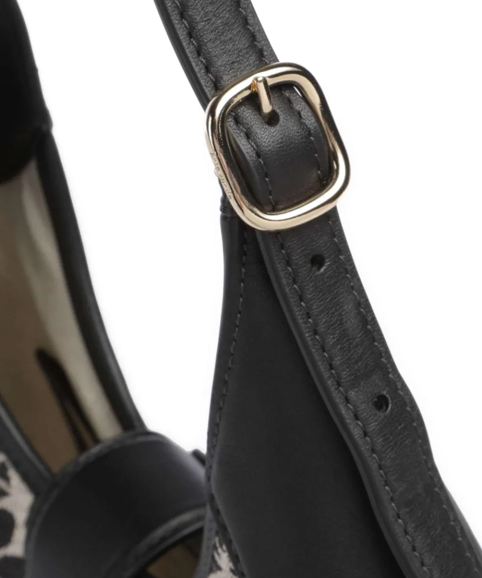 Spade Flower Jacquard Schultertasche Textil, fein genarbtes Rindsleder schwarz/beige