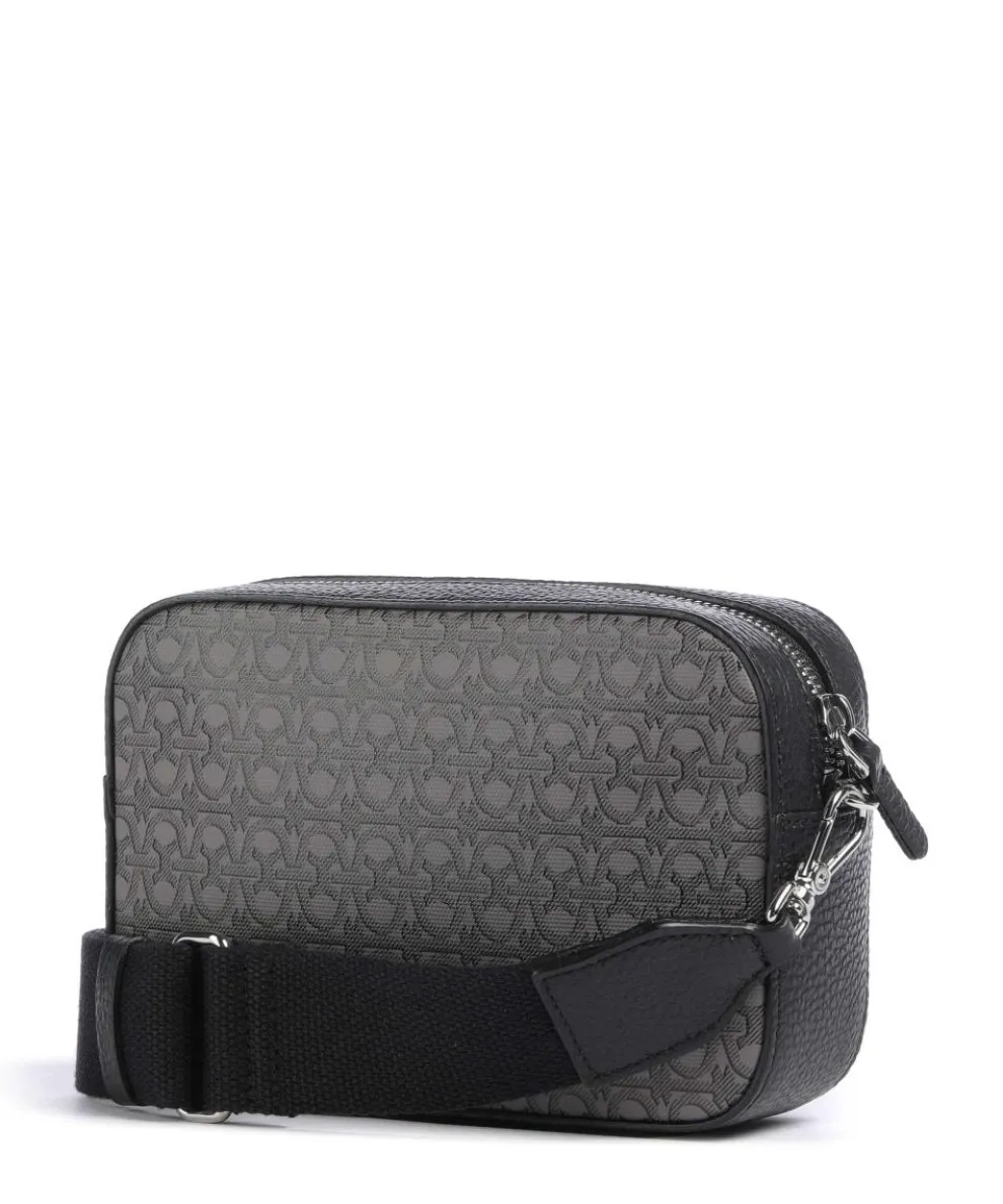 Tebe Monogram Umhängetasche genarbtes Leder, Baumwolle grau/schwarz